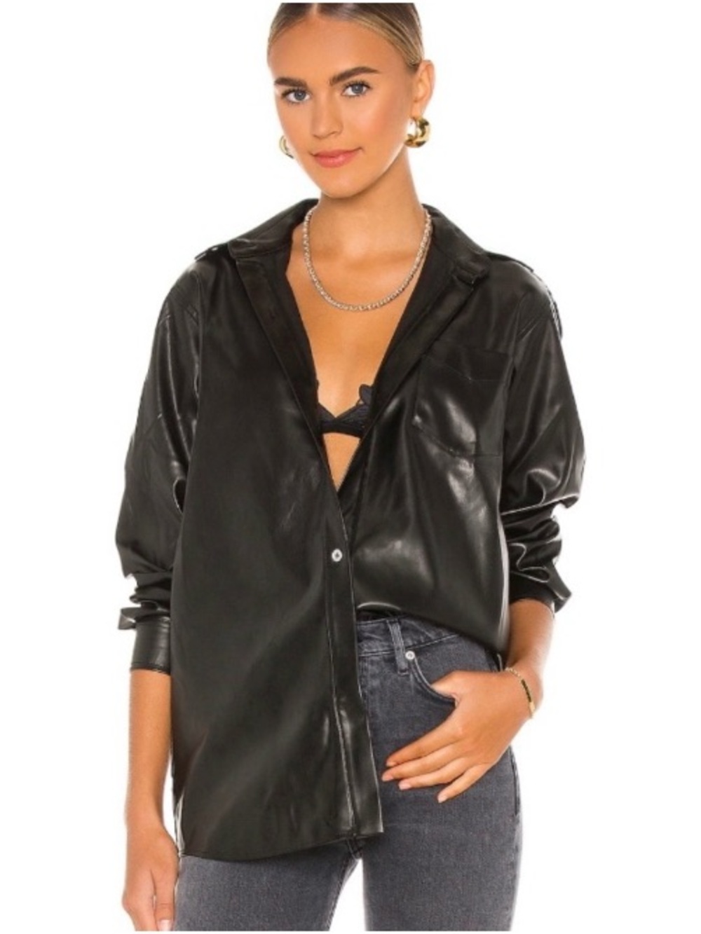 WeWoreWhat Faux Leather Button-Up Relaxed Tunic Shirt Black Medium
